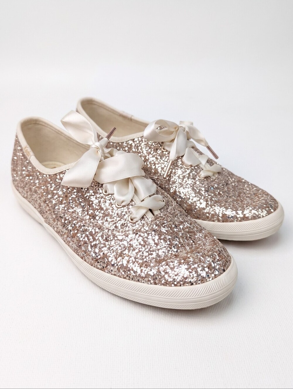 kate spade Glitter Lace-Up Sneakers in Rose Gold and White